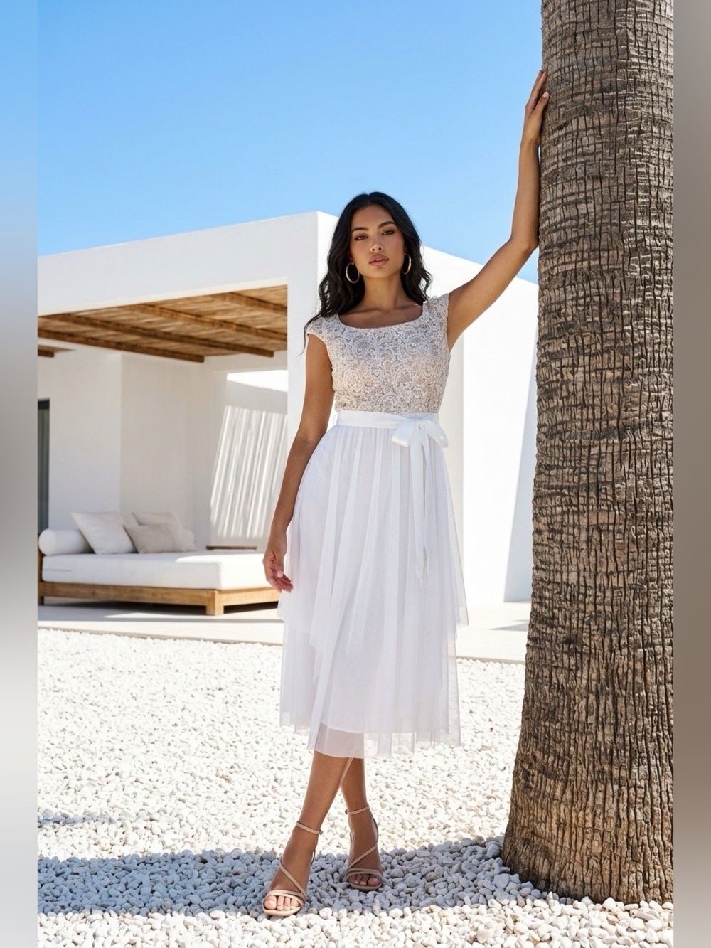 R&M Richards Taupe and White Sequin-Trim Dress Bodice